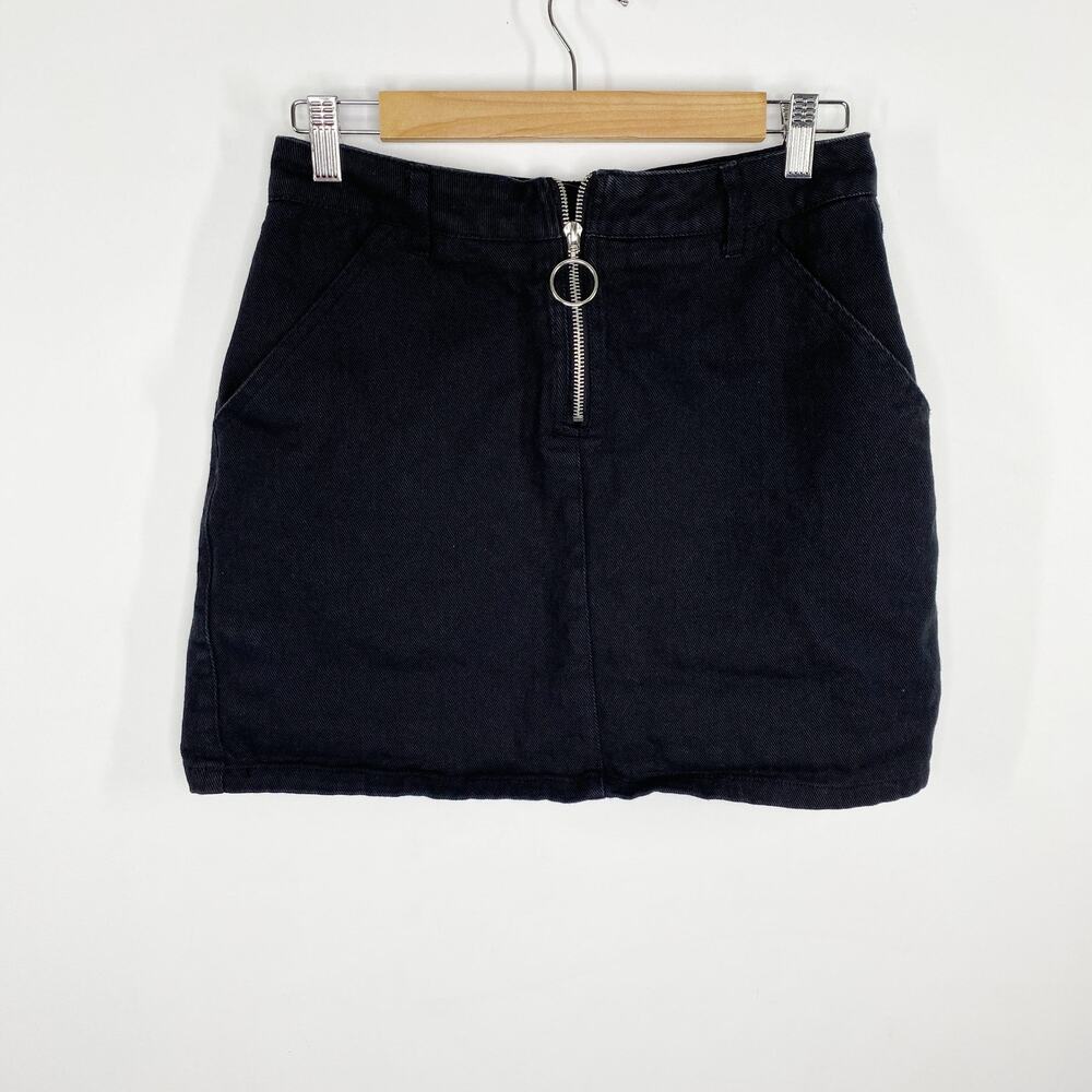 Sans Souci Black Denim Front Zip O-Ring Cotton Mini Skirt‎ Women's Size Medium M